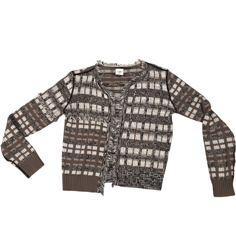 Cabi Cardigan Sweater XS Brown Tan Plaid Knit Fringe Trim Long Sleeve Casual